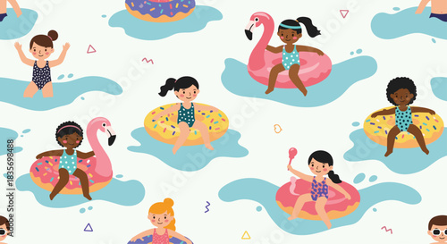 Seamless pattern illustration with diverse children having fun in the water on inflatable donuts and flamingos for summer vibes.