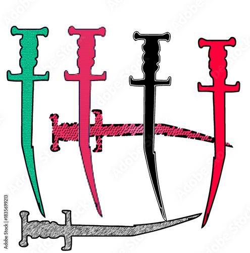 True Crime Podcast Icon Set Dagger Knife Weapon Murder Mystery Gaming UI Asset Halloween Party Sticker Vector

