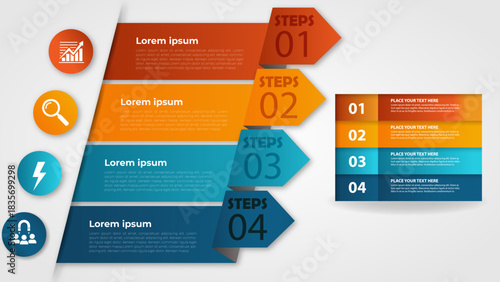 Dynamic business process infographic with steps for success, visualizing strategy and growth with vibrant colors in an easy to understand format, perfect for presentations and marketing