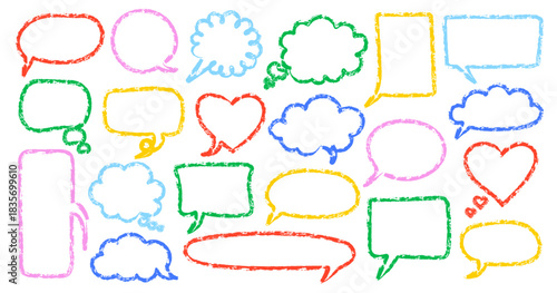 Chalk pencil speech bubbles set. Hand drawn colorful childlike crayon charcoal communication frame, text boxes, dialog balloons, comic talk balloon in sketch style.