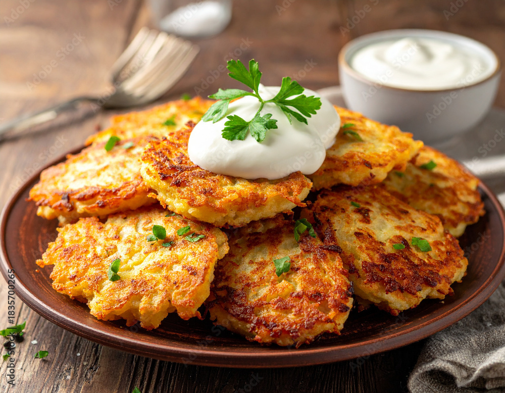 Fototapeta premium A heap of golden, crispy Deruny potato pancakes is served with a large dollop of cool, thick sour cream.