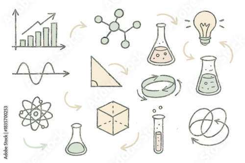 Scientific Sketch Icons. Isometric vector illustration set Scientific margin sketches: rough ink lines, diagram fragments, quick