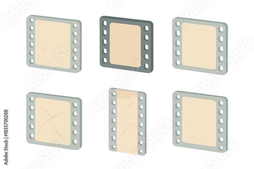 Classic Film Effects. Isometric vector illustration set Classic film decay: grain clusters, faded black borders, exposure halos,