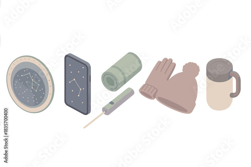 Stargazing Essentials Icons. Isometric vector illustration set of stargazing accessories: star chart wheel, smartphone sky app,