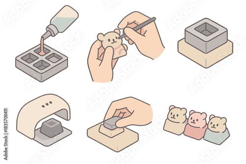 Artisan Keycap Creation. Isometric vector illustration set of artisan keycap creation: pouring resin colorway into mold, sculpting