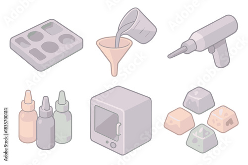 Resin Mold Workshop Icons. Isometric vector illustration set of resin mold workshop: silicone mold set, resin pour funnel, air