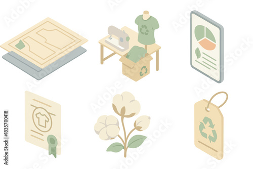 Eco-Friendly Apparel Icons. Isometric vector illustration set of eco-friendly apparel creation: optimized pattern layout, garment