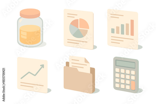 Personal Finance Tools. Isometric vector illustration set of personal finance tools: saving goal progress jar, budget category