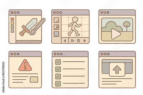 Creative Game Tools Icons. Isometric vector illustration set of creative game tools: sprite pixel brush, animation frame viewer,