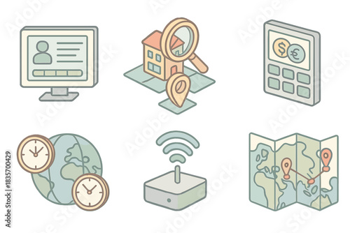 Global Freelancer Toolkit. Isometric vector illustration set of global freelancer toolkit: visa progress monitor, coworking hub