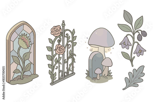 Enchanted Botanical Relics. Isometric vector illustration set of enchanted botanical relics: Venus flytrap encased in stained