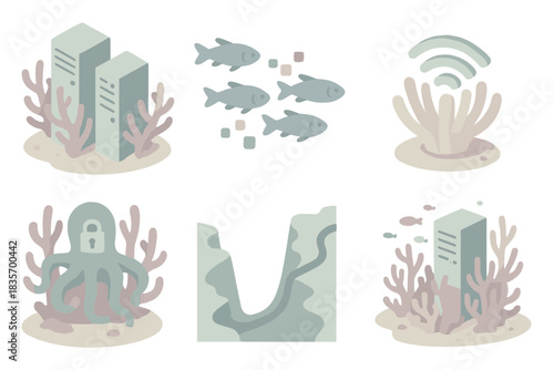 Aquatic Tech Symbiosis. Isometric vector illustration set of aquatic tech symbiosis: coral server clusters, fish swarm data