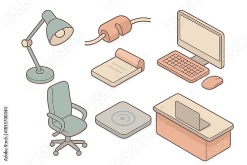Modern Workspace Icons. Isometric vector illustration set of modern workspace accessories: adjustable brightness lamp, tidy cord