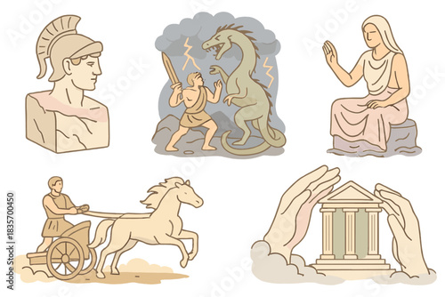 Mythic Isometric Icons. Isometric vector illustration set of mythic scene compositions: hero’s profile emerging from marble,