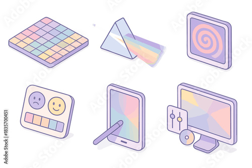 Generative Color Systems. Isometric vector illustration set of generative color systems: shifting color patterns on digital grid,