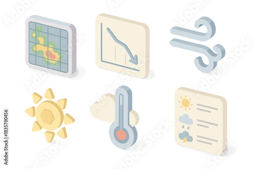 Weather App Icons. Isometric vector illustration set of digital weather app icons: precipitation radar, temperature decrease graph
