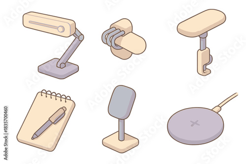 Desk Comfort Accessories. Isometric vector illustration set of desk comfort accessories: brightness slider lamp, organized cable