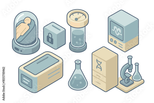 Cryonic System Icons. Isometric vector illustration set of medical cryonics system: vitrification chamber icon, encrypted patient
