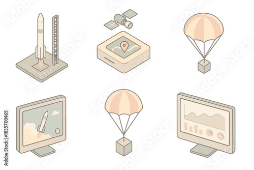 Atmospheric Research Tools. Isometric vector illustration set of atmospheric research tools: rocket launch platform, GPS tracking