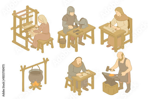 Medieval Craft Icons. Isometric vector illustration set of medieval craft icons: period-accurate weaving loom, armor repair