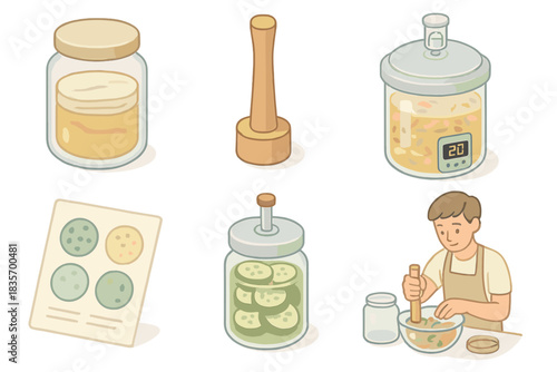 Cultured Food Equipment. Isometric vector illustration set of cultured food equipment: SCOBY storage jar, wooden kraut pounder