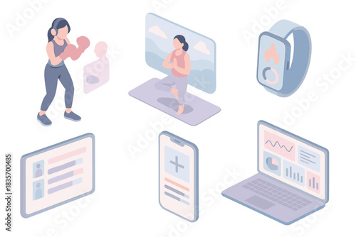 Fitness Tech Tools. Isometric vector illustration set of fitness technology tools: cardio boxing session with gloves and headset,