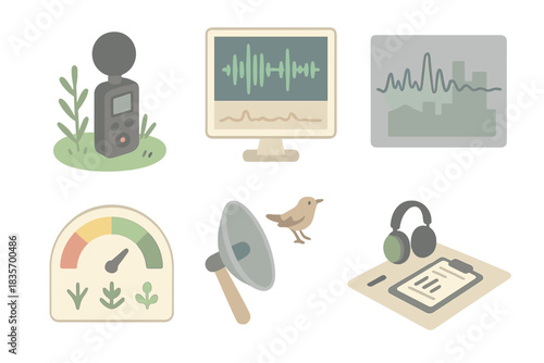 Acoustic Ecology Tools. Isometric vector illustration set of acoustic ecology equipment: sound recorder in natural habitat,