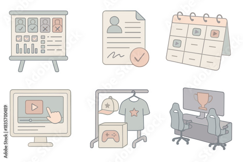 Esports Management Icons. Isometric vector illustration set of esports management icons: draft pick analysis board with stats,