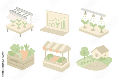 Greenhouse Tech Icons. Isometric vector illustration set of greenhouse technology icons: germination platform under grow lights,