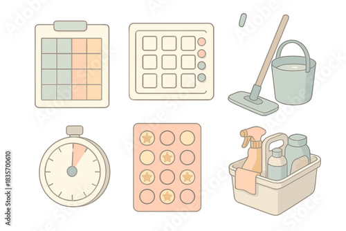 Family Chore System Icons. Isometric vector illustration set of shared family chore system: weekly rotation chart, magnet task