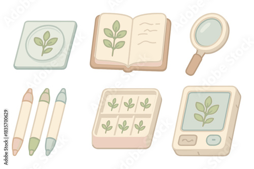 Interplanetary Botany Toolkit. Isometric vector illustration set of interplanetary botany toolkit: plant tissue sample, sketch