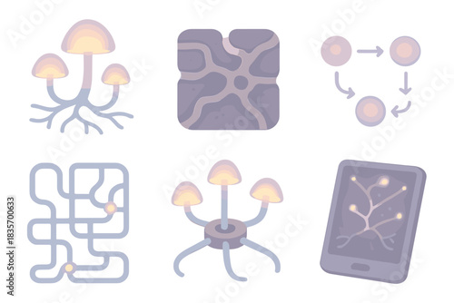 Glowing Mycelium Network. Isometric vector illustration set of subterranean mycelium network: glowing mushroom nodes, underground