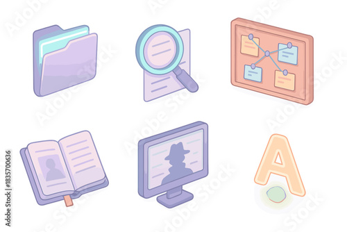 Investigative Studio Icons. Isometric vector illustration set of investigative studio icons: neon-lit case folder, magnifying