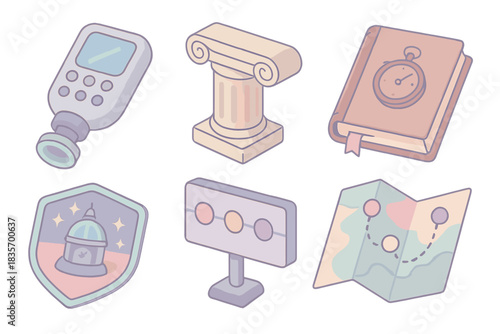 Time-Travel Memorabilia Icons. Isometric vector illustration set of time-travel memorabilia: futuristic gadget, historical relic,