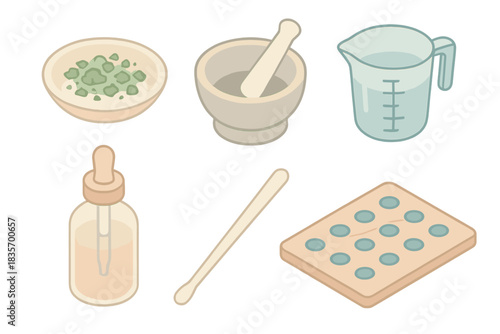 Ink Preparation Tools. Isometric vector illustration set of artisanal ink preparation: plant pigment crushed dish, mortar and