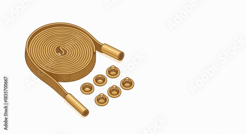 Flat shoelaces with metal tips and eyelets in brown shade. Stylish flat shoelaces for shoes, boots, and sneakers. Set of flat shoelaces adds a classic yet modern look to footwear, ideal for fashion,