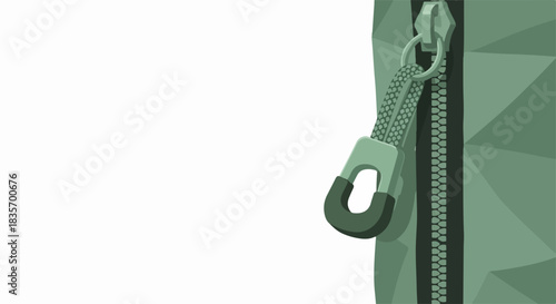 Zipper on fabric shows detail of closure element on green polygonal material, design feature. Zipper with textured green fabric reveals quality of sewing and fastening.