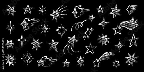 Hand drawn marker star doodle set with sparkling yellow shapes. Childlike marker chalk textures whimsical star figures in playful sketch style on black background.