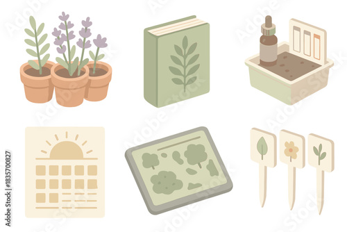 Sustainable Planting Toolkit. Isometric vector illustration set of sustainable planting toolkit: native plant pots, reference