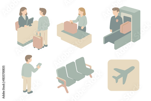 Air Travel Workflow. Isometric vector illustration set of air travel workflow: ticket counter, baggage drop-off, security scanner,