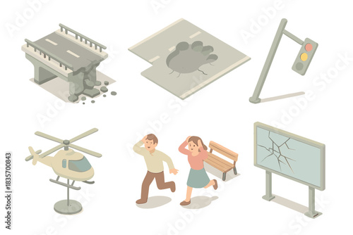 Miniature Monster City Attack. Isometric vector illustration set Miniature giant monster city attack diorama: crushed bridge