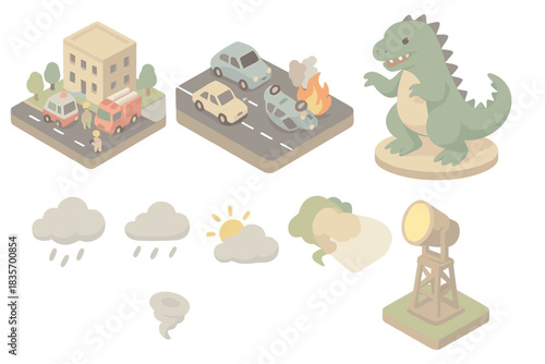 Miniature Monster Metropolis. Isometric vector illustration set Miniature giant monster city attack diorama: emergency scene base,