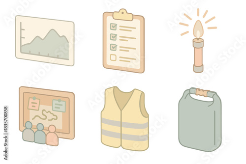 Hiking Essentials Icons. Isometric vector illustration set Weekend hiking preparation and trail essentials: elevation gain chart,