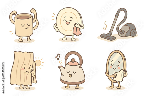 Sentient Household Objects. Isometric vector illustration set Sentient household object daily routines: morning coffee mug