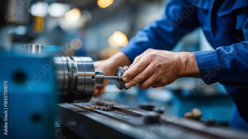 Faceless experienced worker hands changing lathe machine tool setup industrial equipment maintenance manufacturing machinery adjustment production process optimization