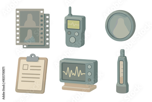 Ghost Analysis Toolkit. Isometric vector illustration set Ghost photography evidence analysis toolkit: film negatives showing