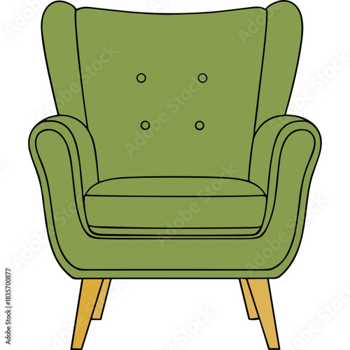 A Comfortable Olive Green Wingback Armchair with Button Tufting and Wooden Legs Against a Black Background with a Minimalist Style