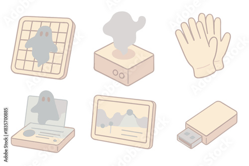 Paranormal Investigation Toolkit. Isometric vector illustration set Ghost photography evidence analysis toolkit: ghost silhouette