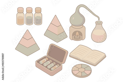 Esoteric Perfume Illustration. Isometric vector illustration set Esoteric perfume oil blending notes: tiny labeled essence bottles