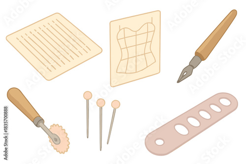 Historical Corsetry Tools. Isometric vector illustration set Historical corsetry pattern drafting tools: detailed boning channel